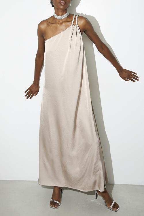 Embellished asym satin trapeze dress - Neutral