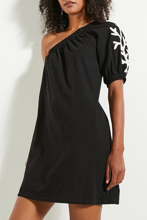 Embroidery detail asym mini dress - black
