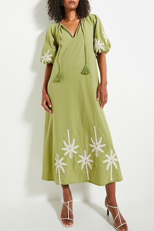 Puff sleeve embroidery dress - green