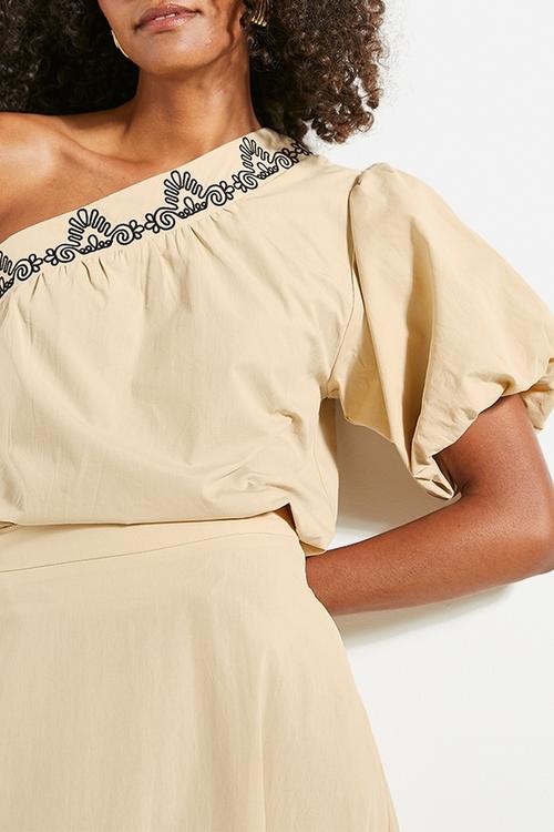 Co-ord asym embroidered detail top - neutral