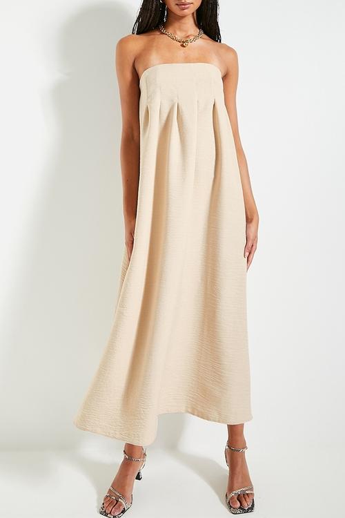 Bandeau pleated trapeze midi dress - neutral