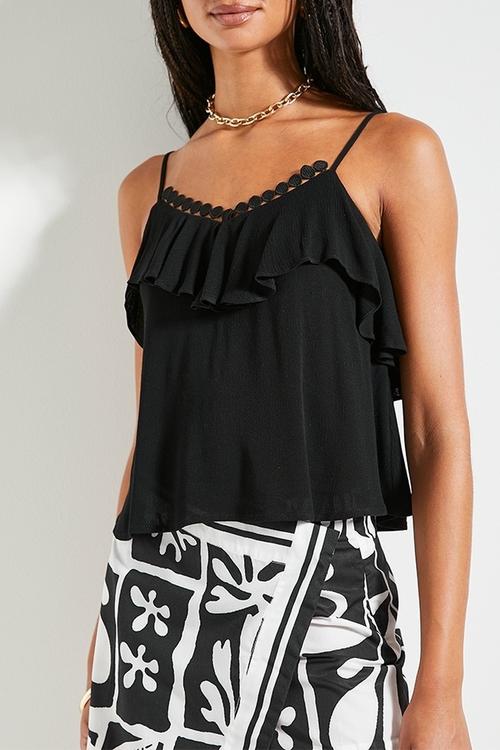 Soft ruffle crinkle cami with trim - black