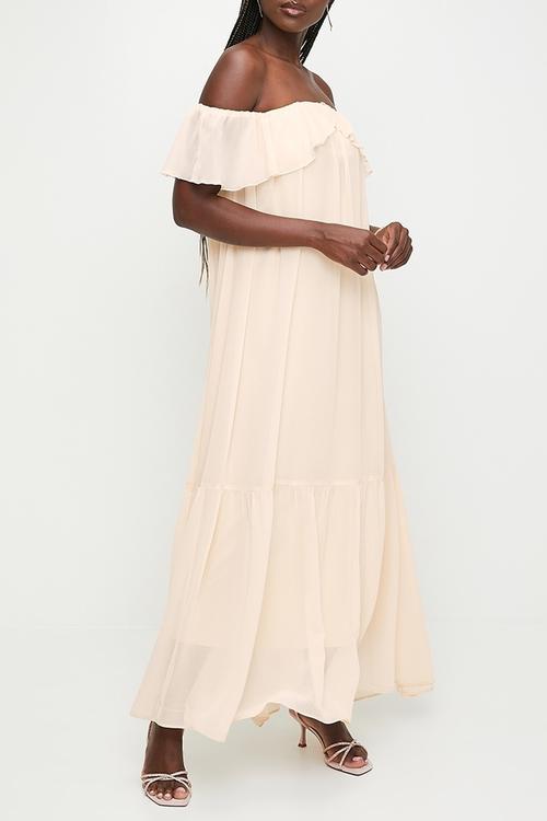Ruffle bardot trapeze maxi dress - neutral