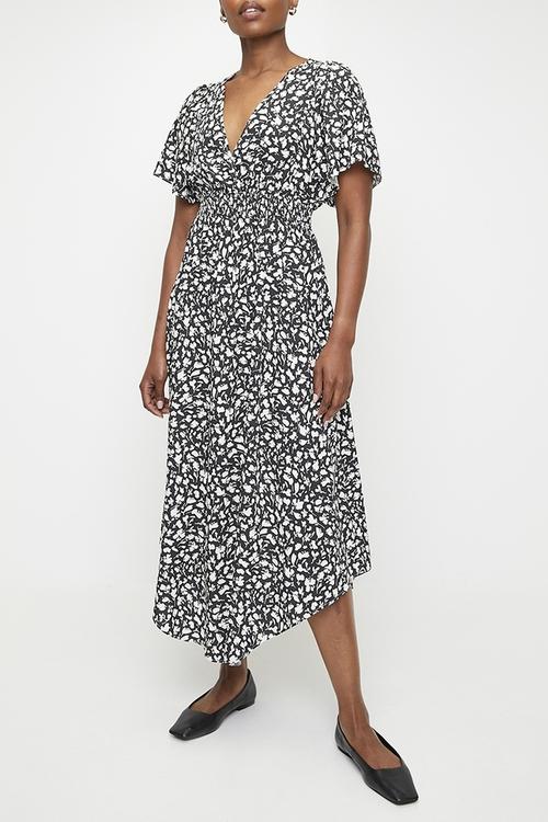 Flutter Sleeve Wrap Fit & Flare Dress - Black Mono Foliage Ditsy
