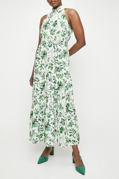Sleeveless Button Thru Tiered Midi Dress - Soft Green Pressed Foliage