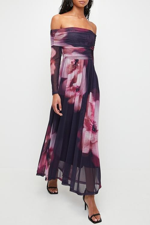 Bardot mesh fit & flare maxi dress - Moody Burgundy Blurred Floral