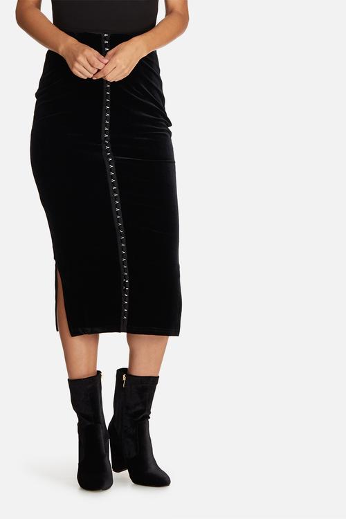 Velvet eyelet detail front longline midi skirt