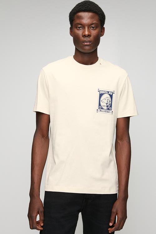 Crew Neck T-shirt with Vintage Print - Cream