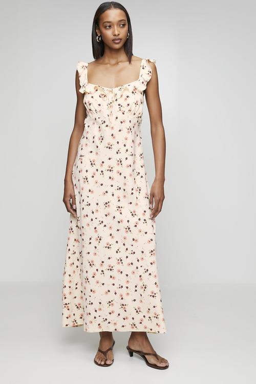Ex flrl ruff strappy v midi  - cream