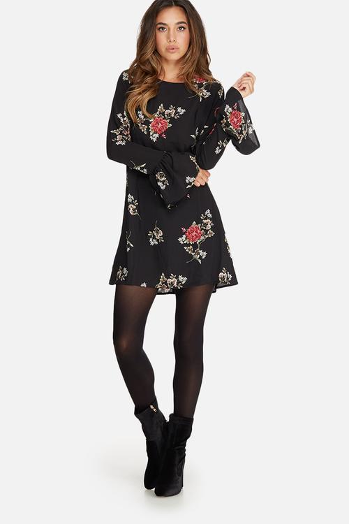 Floral print fluted sleeve shift dress
