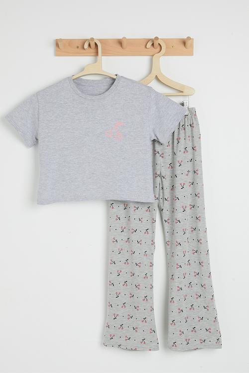 Pj set - grey/cherry aop