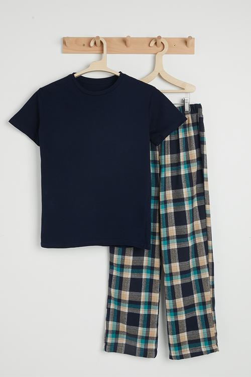 Flannel bottoms pj set - navy/check