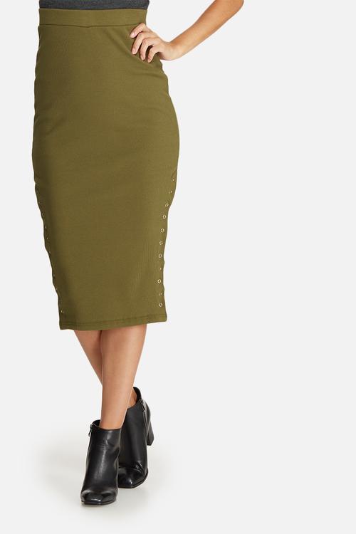 Double popper ribbed midi skirt