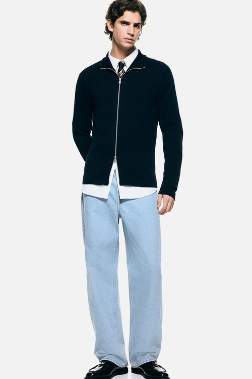 Slim fit rib-knit cardigan - navy blue