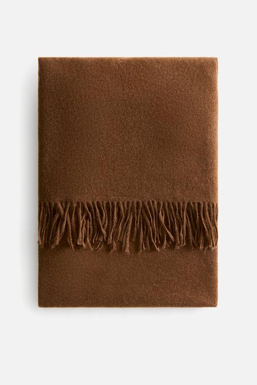 Fringed wool-blend blanket - brown
