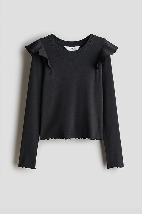 Frill-trimmed cotton top - dark grey