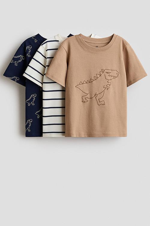 3-pack cotton T-shirts - beige/dinosaurs