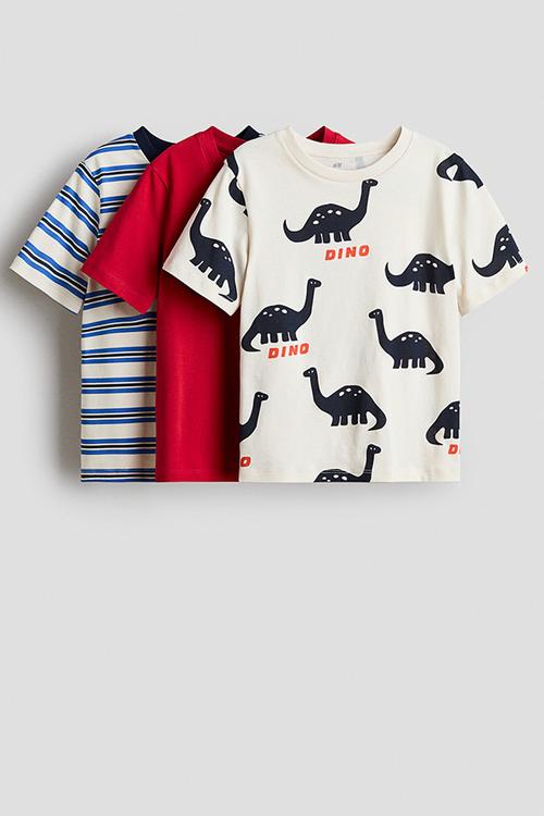 3-Pack cotton T-shirts - red/dinosaurs