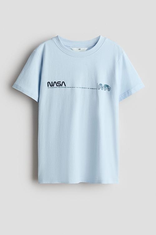 Print-motif cotton T-shirt - light blue/nasa