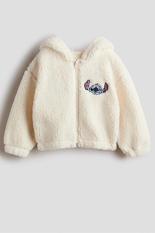 Appliqued hooded teddy jacket - cream/lilo & stitch