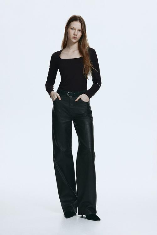 Long-sleeved jersey top - dark brown