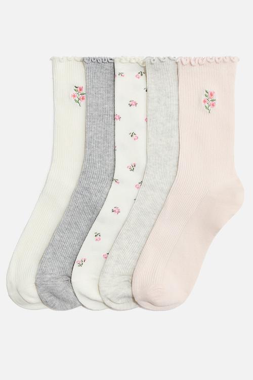 5-pack rib-knit socks - white/floral
