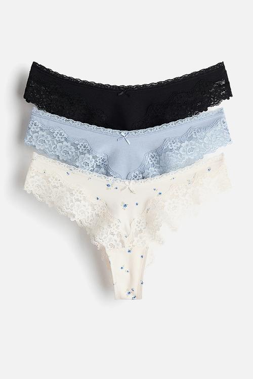 3-pack cotton and lace brazilian briefs - white/light blue/black