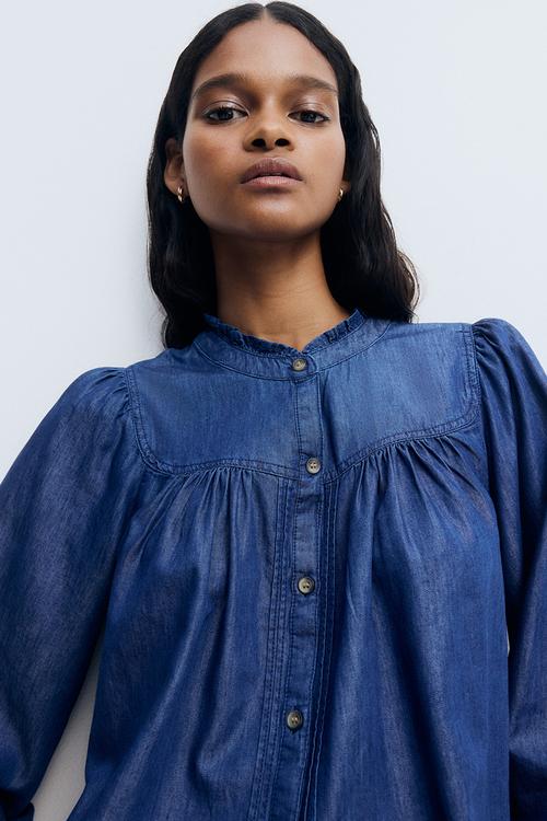 Frill-trimmed denim blouse - dark denim blue