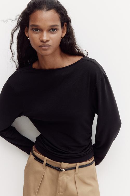 Cowl-back jersey top - black