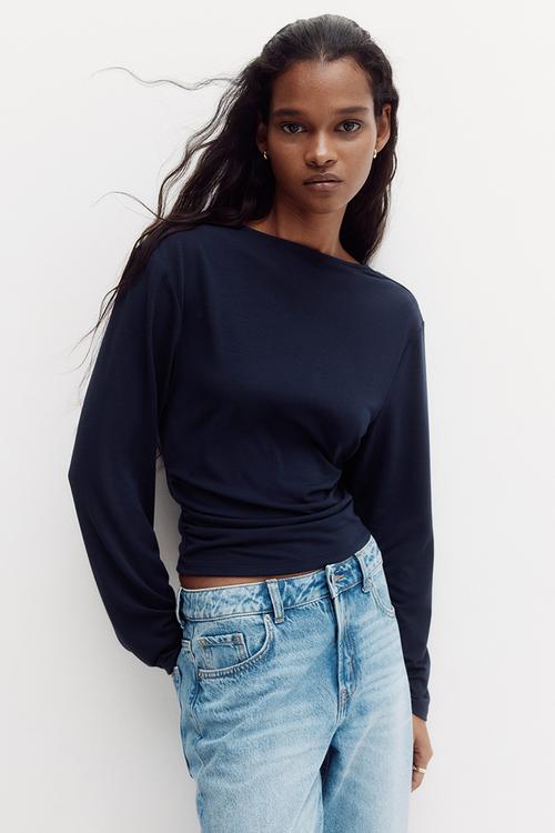 Cowl-back jersey top - navy blue