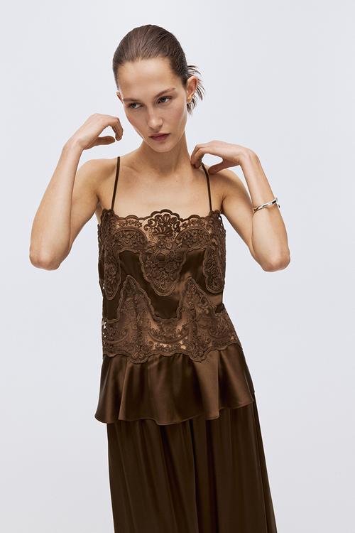 Lace-detail satin top - brown