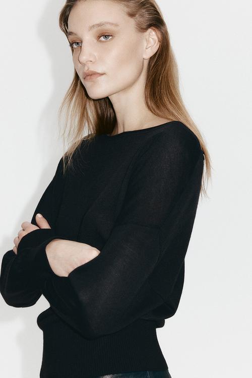 Fine-knit one-shoulder top - black