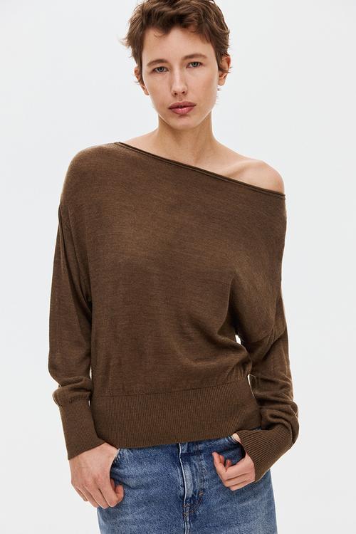 Fine-knit one-shoulder top - brown