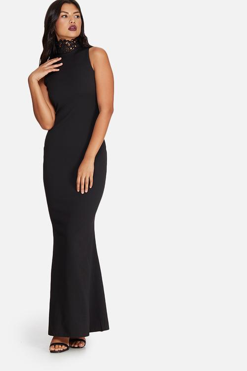 Crepe neck lace maxi dress