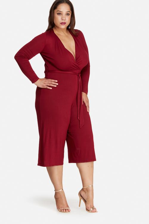Plus size jersey wrap plunge jumpsuit