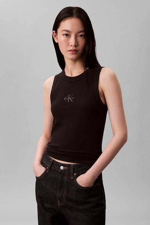 Sleeveless monogram rib tank - black