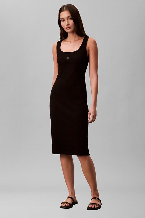 Sleeveless baby rib woven label square nk dress - black