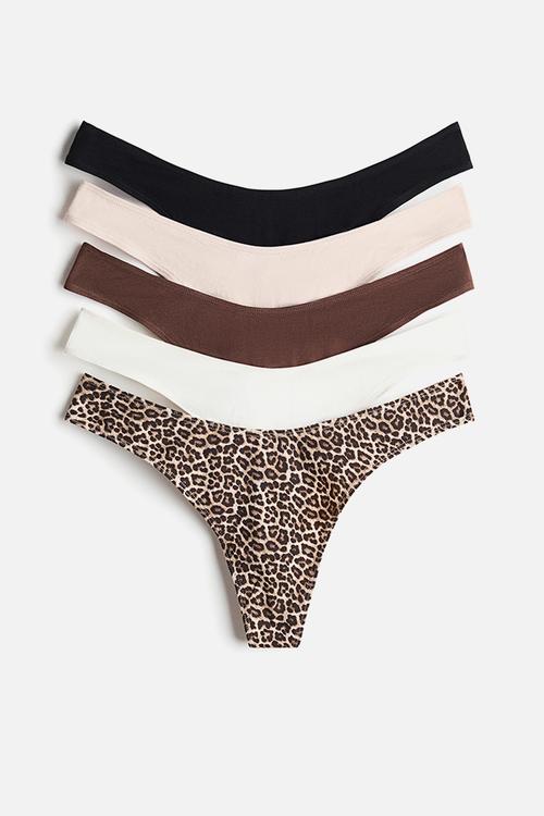 5-Pack cotton thong briefs - dark brown/leopard print