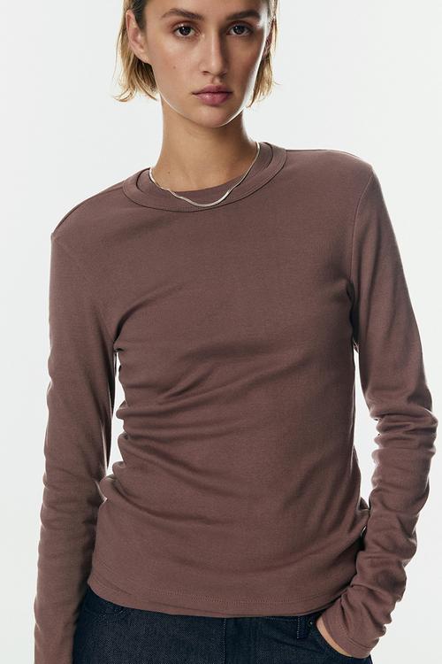 Long-sleeved jersey top - dark mole