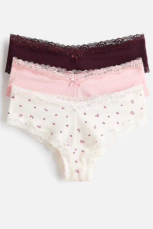 3-pack cotton and lace hipster briefs - burgundy/light pink