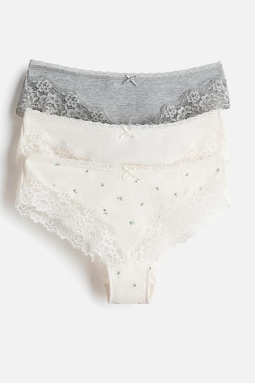 3-pack cotton and lace hipster briefs - cream/grey marl