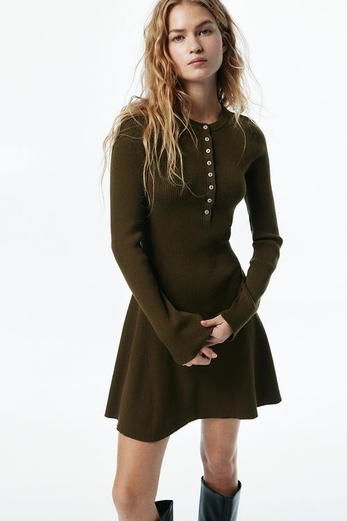 Rib-knit flared-skirt dress - dark olive green