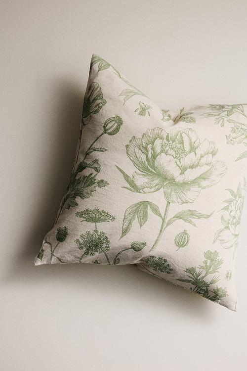 Linen-blend cushion cover - light beige/floral
