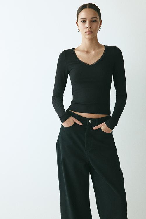 Lace-trimmed jersey top - black