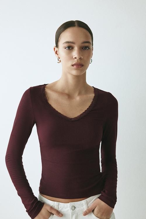 Lace-trimmed jersey top - plum purple