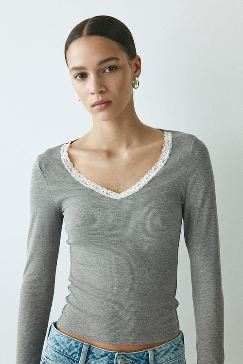 Lace-trimmed jersey top - light grey marl