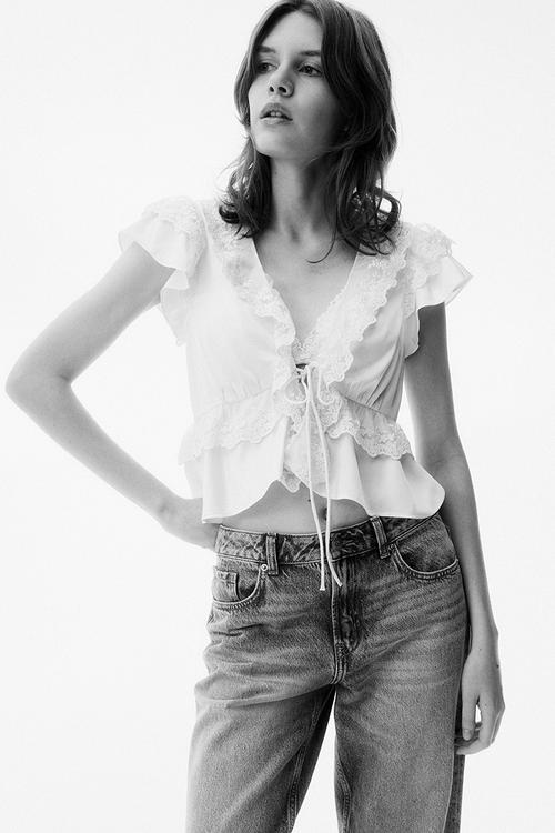 Flounce-trimmed satin blouse - cream