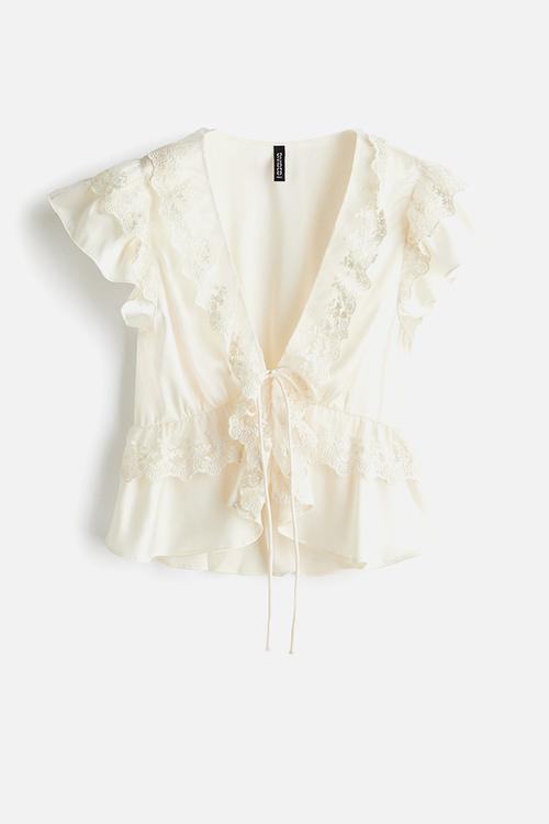 Flounce-trimmed satin blouse - cream