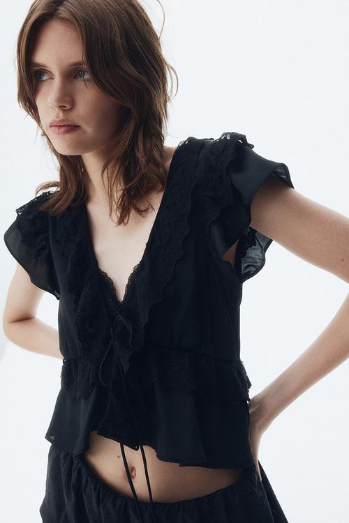 Flounce-trimmed satin blouse - black