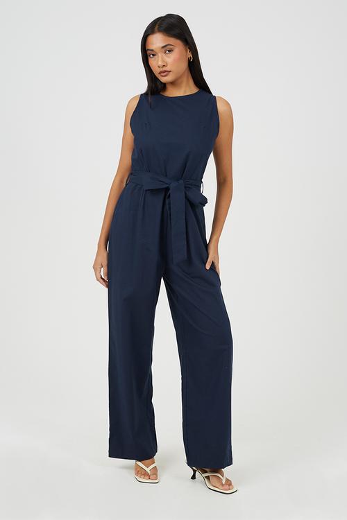 Ladies Woven Jumpsuit With Tie Waist Detail - Navy